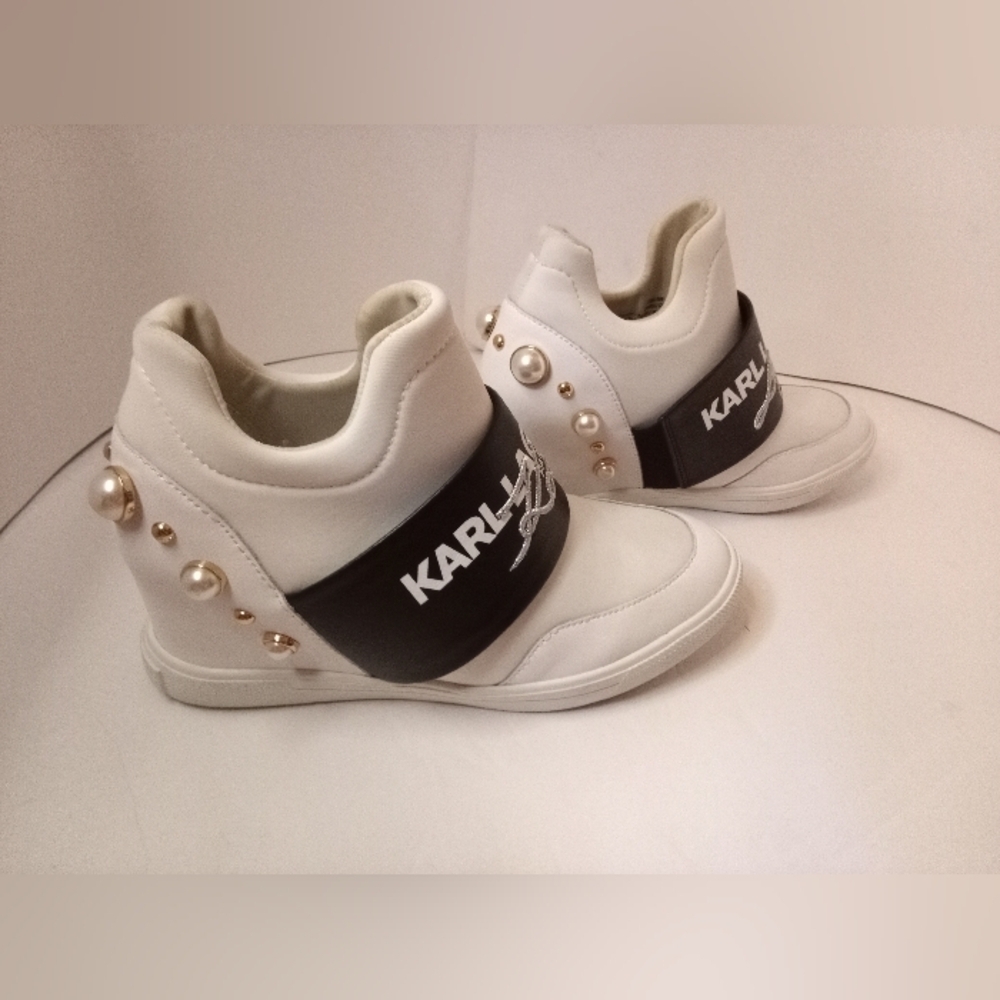 Karl lagerfeld Paris Charsi Women’s 8.5 White Pearl High Heel Sneakers SF - Picture 8 of 13